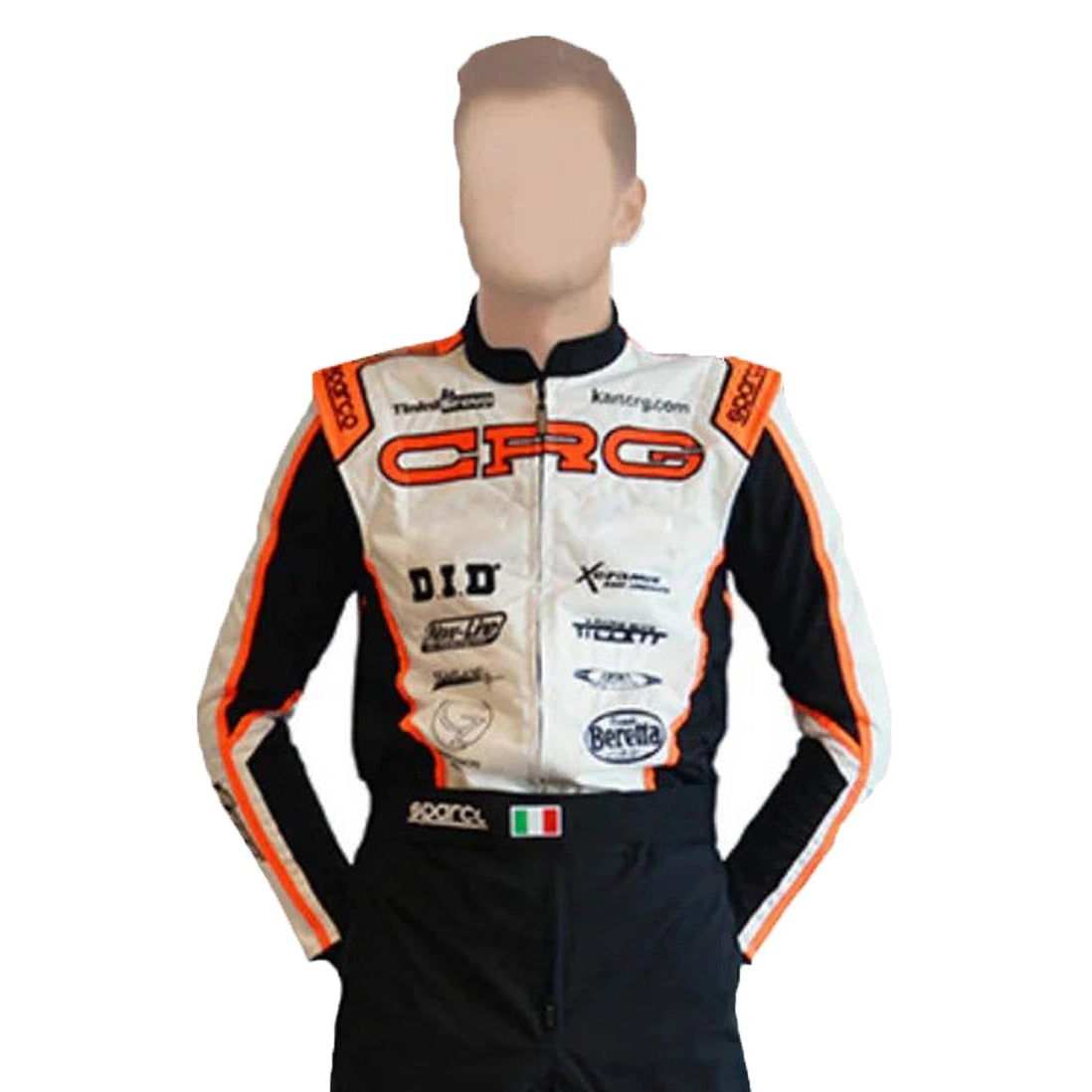 Racing suit with multiple brand logos on a white background