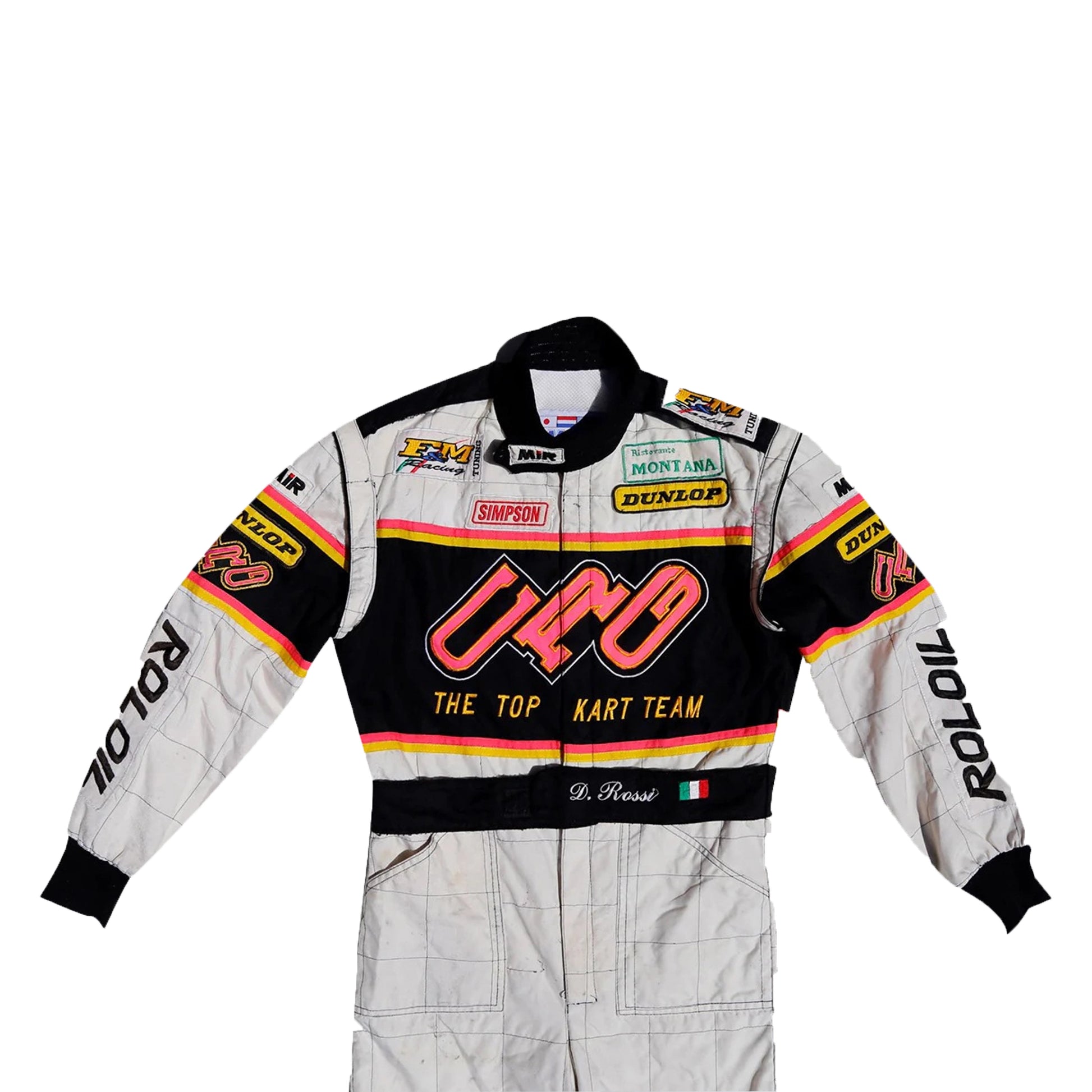 Racing suit with various brand logos on a white background