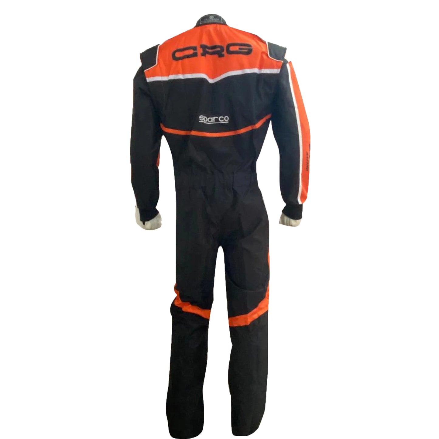 Black and orange racing suit with visible branding on a gray background