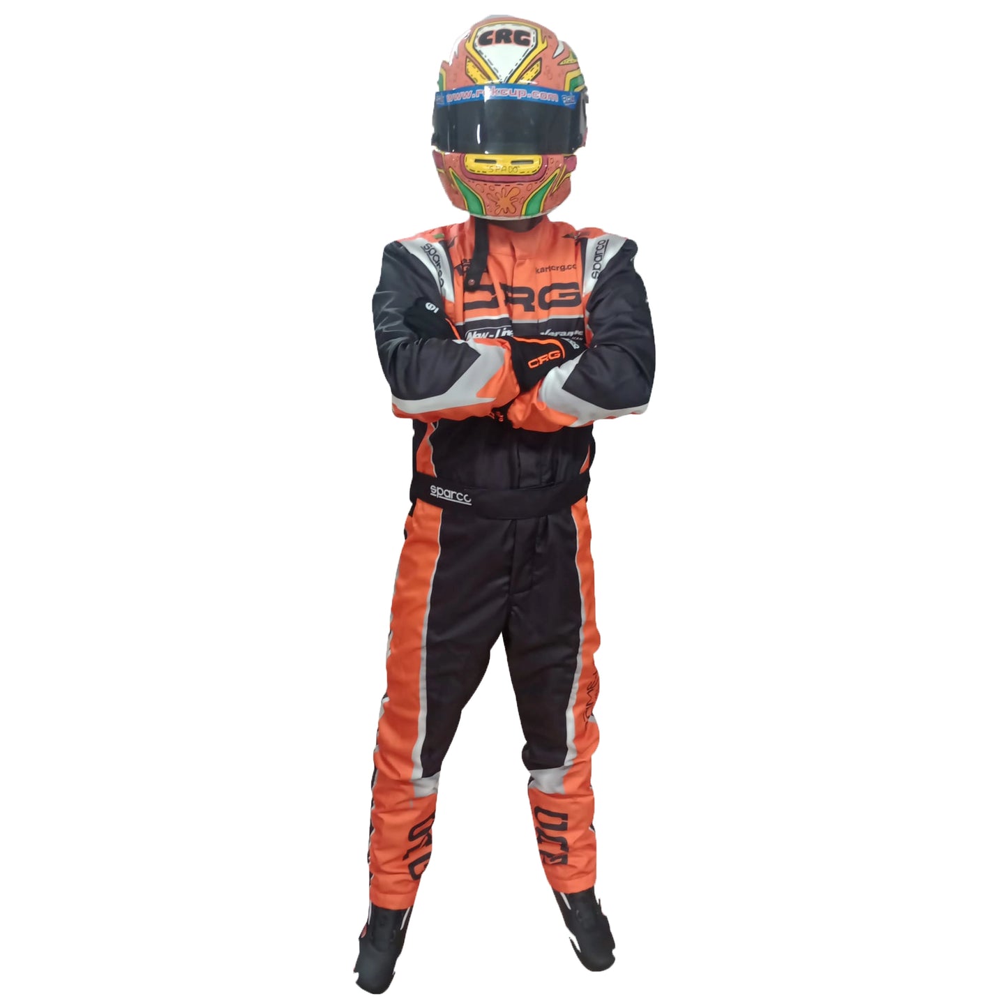 Person wearing an orange and black racing suit with a helmet on a white background