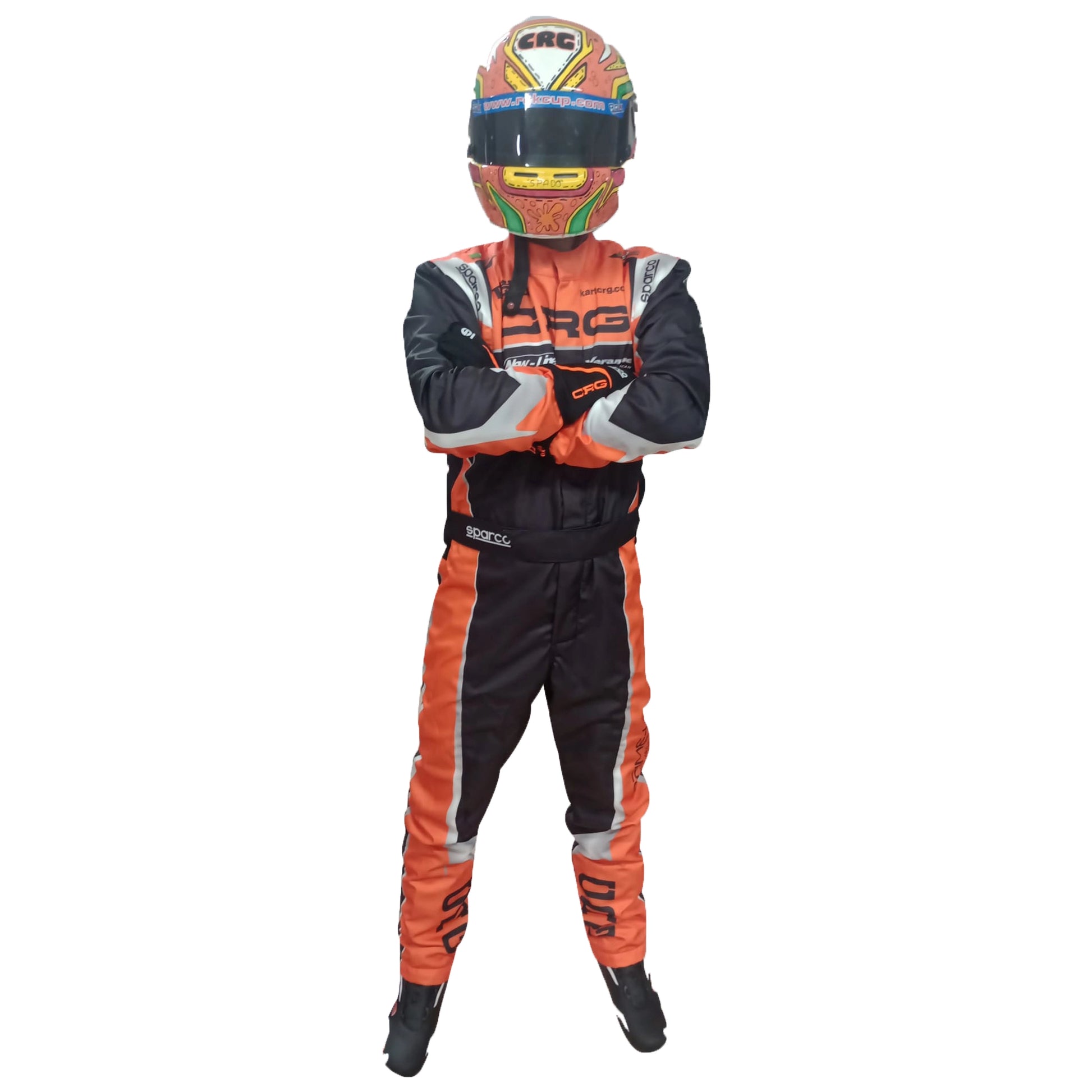 Person wearing an orange and black racing suit with a helmet on a white background