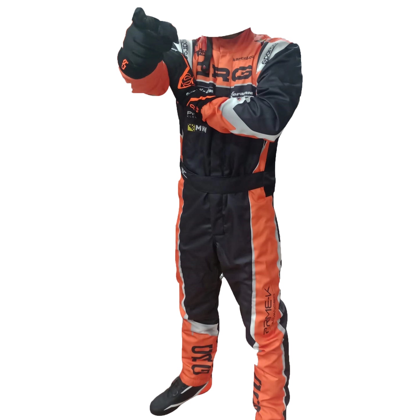 Orange and black motocross suit with gloves on a white background