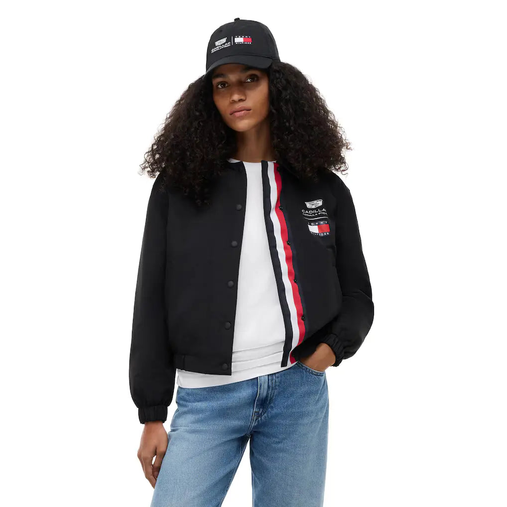 Cadillac Tommy Hilfiger Logo Cropped Jacket for women inspired by Cadillac Formula 1 teamwear and premium motorsport fashion