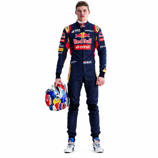 2015 Max Verstappen Toro Rosso F1 Race Suit in navy blue featuring red and gold shoulder panels, Cepsa sponsor logos, Dutch flag waist badge, and driver name Max