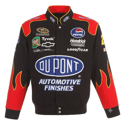 Black racing jacket with red flames and various sponsor logos on a white background