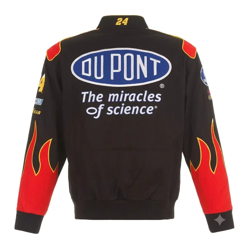 Black racing jacket with red flames and various sponsor logos on a white background