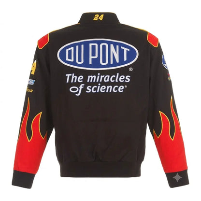 Black racing jacket with red flames and various sponsor logos on a white background