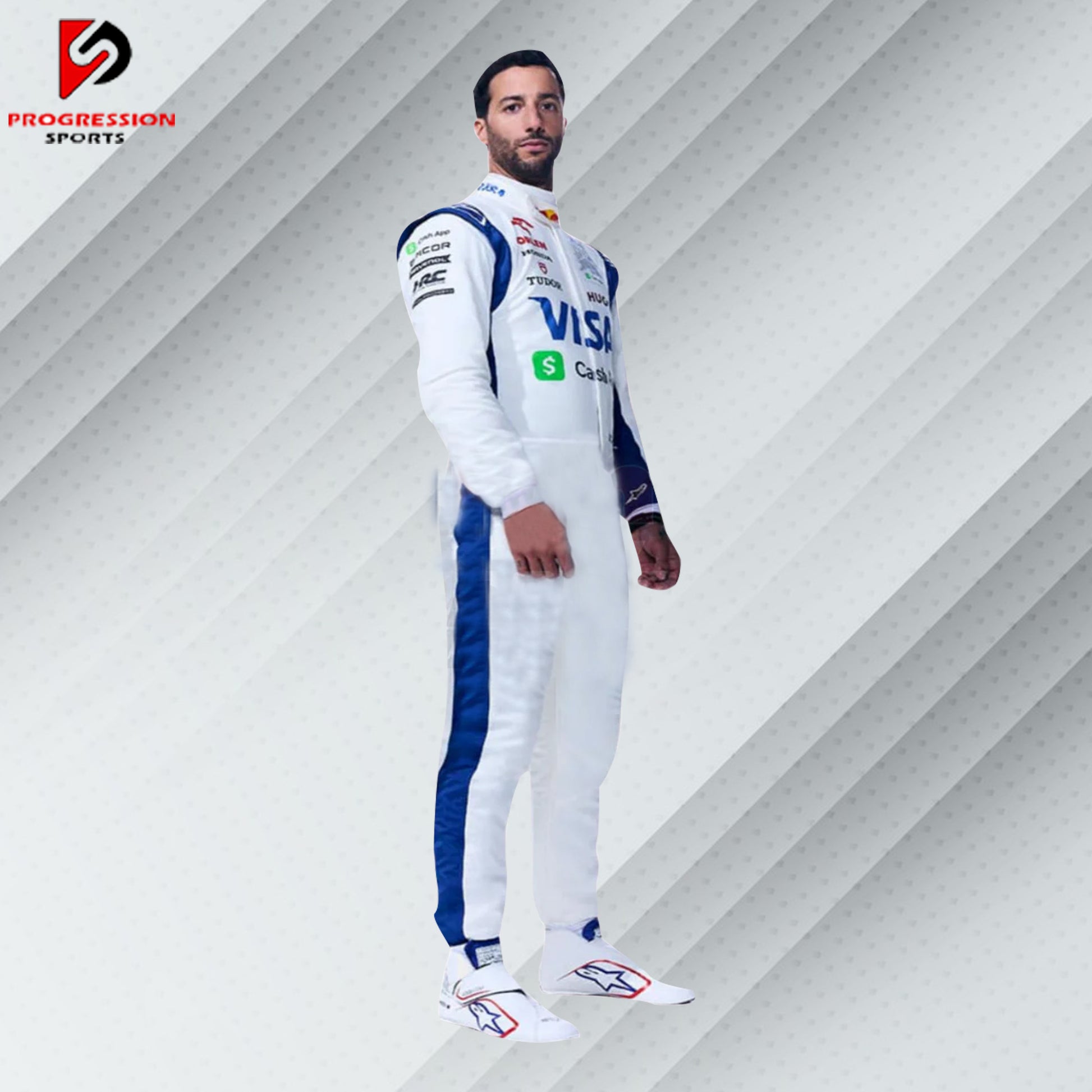 2024 Daniel Ricciardo Visa Cash App RB F1 race suit in navy blue and white with Visa, Cash App, Red Bull, and team sponsor logos

