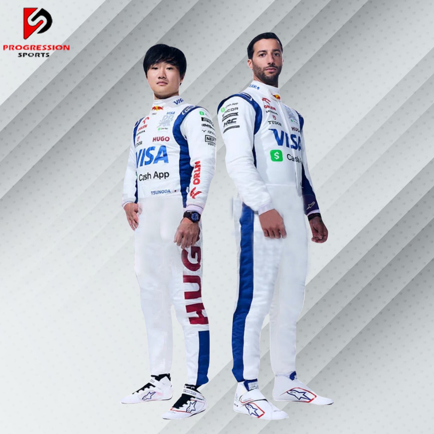 2024 Daniel Ricciardo Visa Cash App RB F1 race suit in navy blue and white with Visa, Cash App, Red Bull, and team sponsor logos

