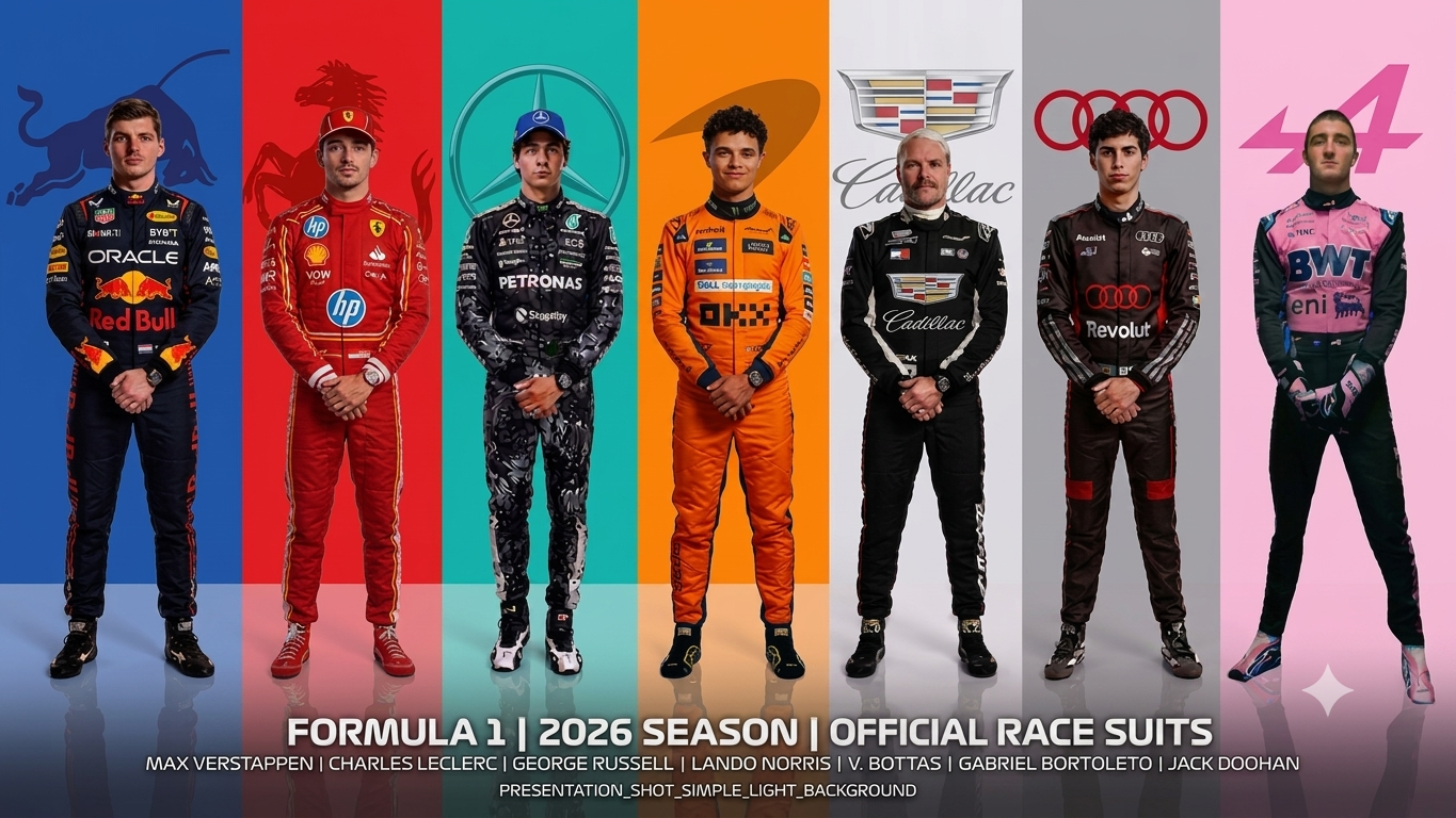 A promotional graphic showing seven Formula 1 race cars side by side with the text 'FORMULA 1 | 2026 SEASON | OFFICIAL RACE SUITS' at the bottom. Each car is shown in a different team suit color: blue, red, black, orange, black, black, and pink.