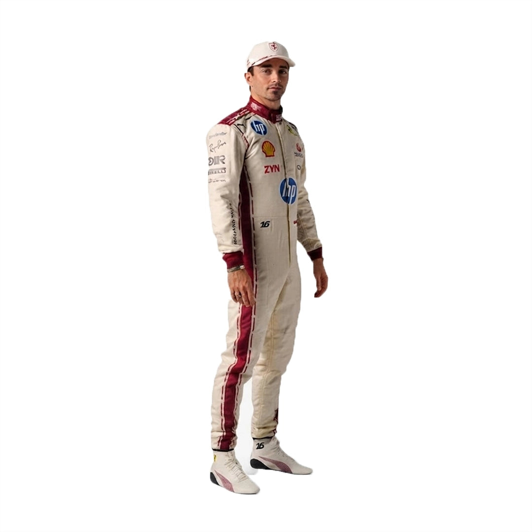 2026 Charles Leclerc Ferrari Special Edition F1 Race Suit in cream off-white featuring burgundy side stripes, HP sponsor logos, and driver number 16