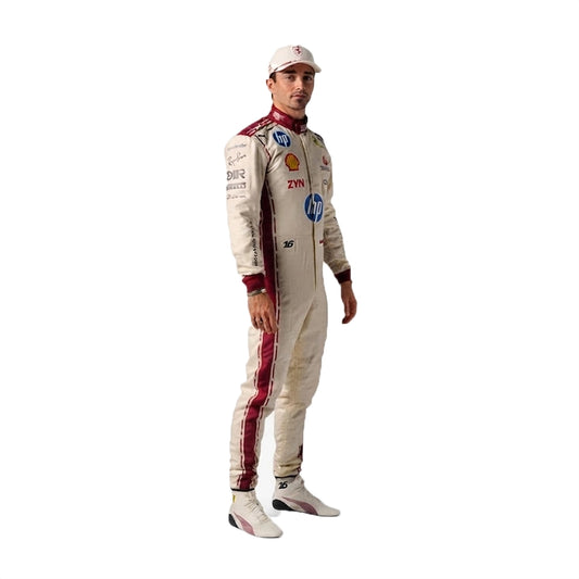 2026 Charles Leclerc Ferrari Special Edition F1 Race Suit in cream off-white featuring burgundy side stripes, HP sponsor logos, and driver number 16