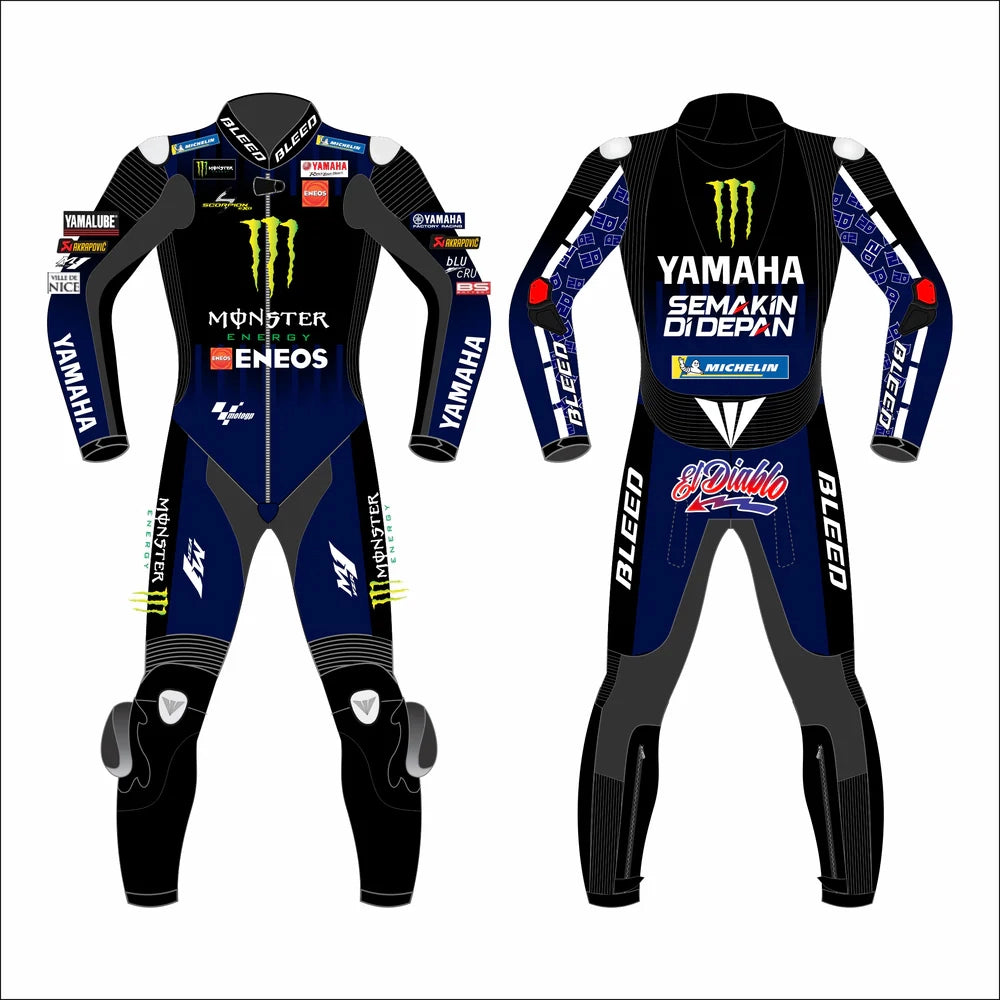 Fabio Quartararo 2021 MotoGP leather race suit in navy and black with CE Level 2 armor, front full view