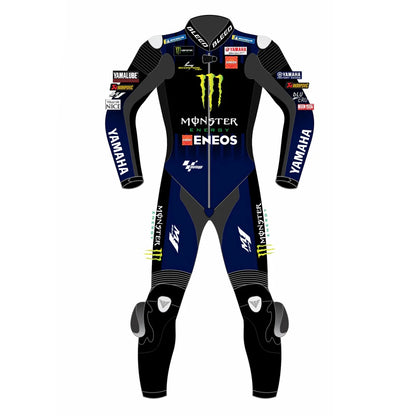 Fabio Quartararo 2021 MotoGP leather race suit in navy and black with CE Level 2 armor, front full view