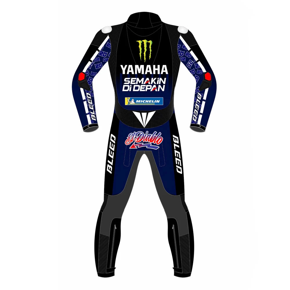Fabio Quartararo 2021 MotoGP leather race suit in navy and black with CE Level 2 armor, front full view