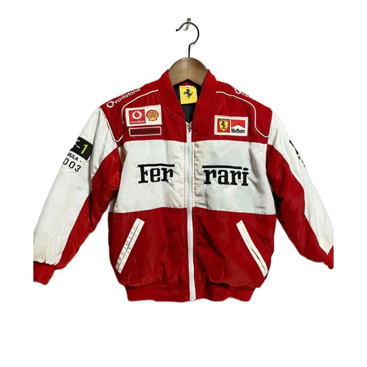 Vintage Ferrari F1 Michael Schumacher White and Red Racing Jacket by Progression Race Wear – retro Formula 1 style with premium embroidered details.