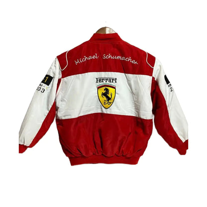 Vintage Ferrari F1 Michael Schumacher White and Red Racing Jacket by Progression Race Wear – retro Formula 1 style with premium embroidered details.