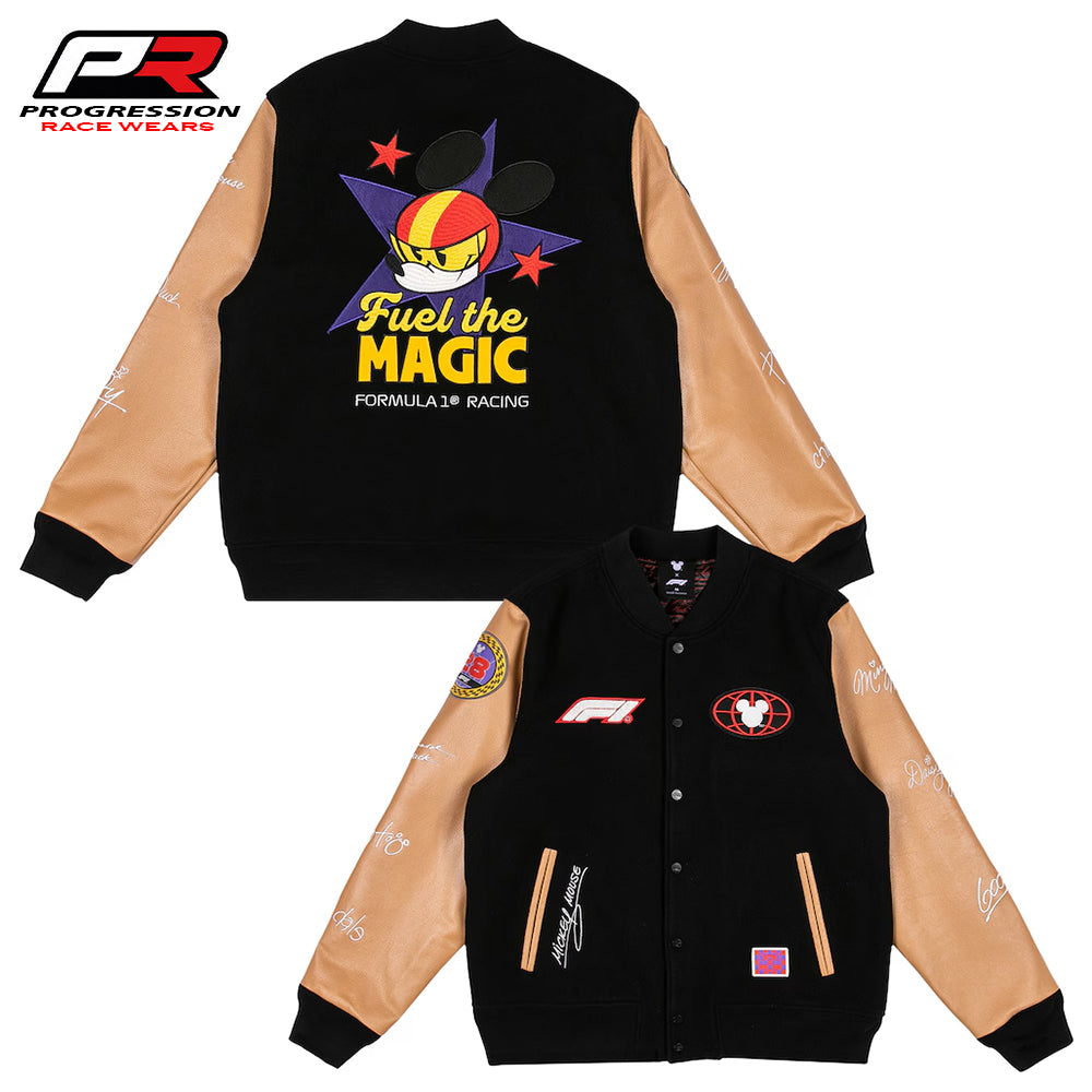 Black varsity jacket with tan sleeves featuring a colorful graphic and text on a white background.