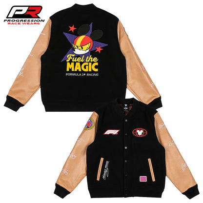Black varsity jacket with tan sleeves featuring a colorful graphic and text on a white background.