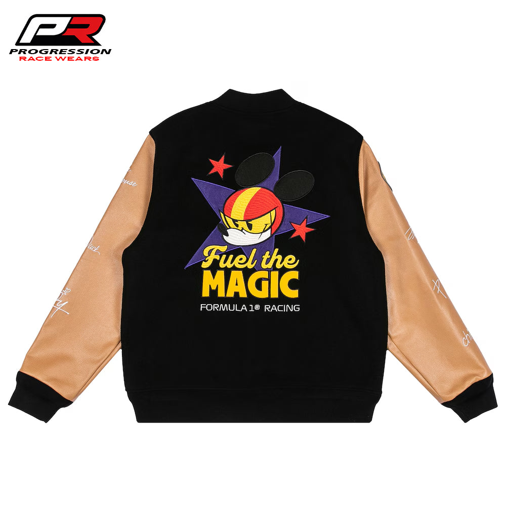 Black jacket with tan sleeves featuring a colorful graphic and text on a white background, branded with Progression Race Wear.