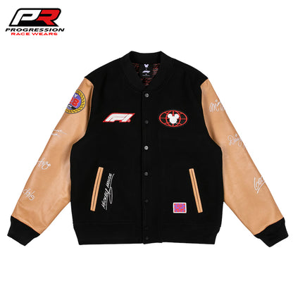 Black and beige jacket with various logos on a white background, featuring Progression Race Wear branding.
