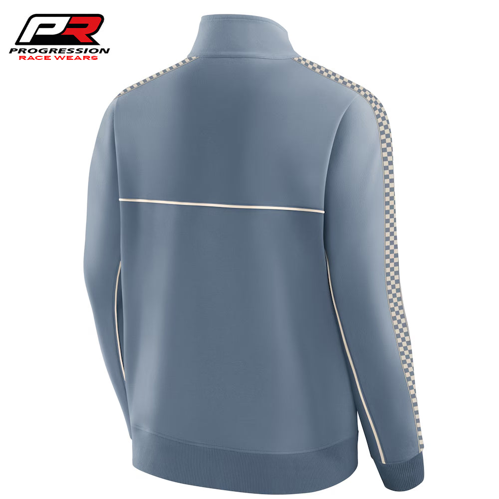 Blue jacket with checkered sleeves on a white background, featuring Progression Race Wear logo.