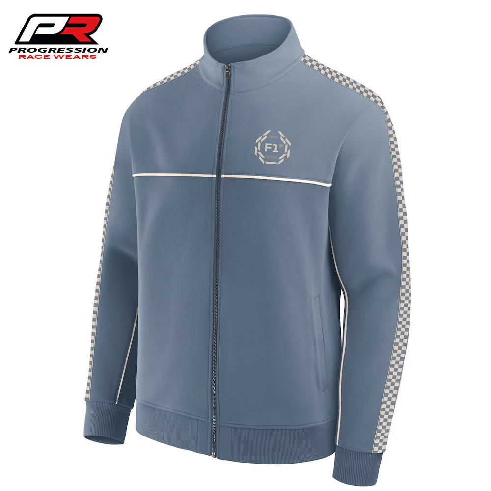 Blue tracksuit jacket with checkered sleeves on a white background, featuring Progression Race Wear logo.