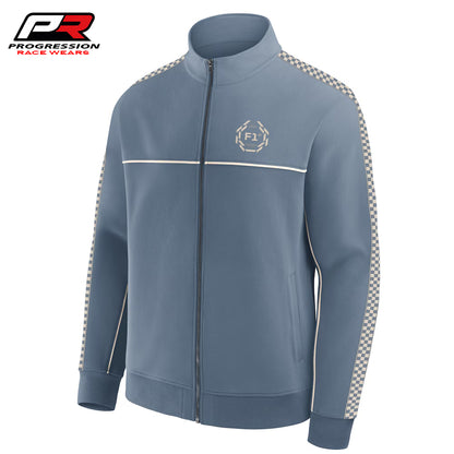 Blue tracksuit jacket with checkered sleeves on a white background, featuring Progression Race Wear logo.