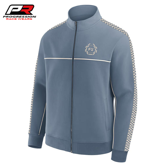 Blue tracksuit jacket with checkered sleeves on a white background, featuring Progression Race Wear logo.
