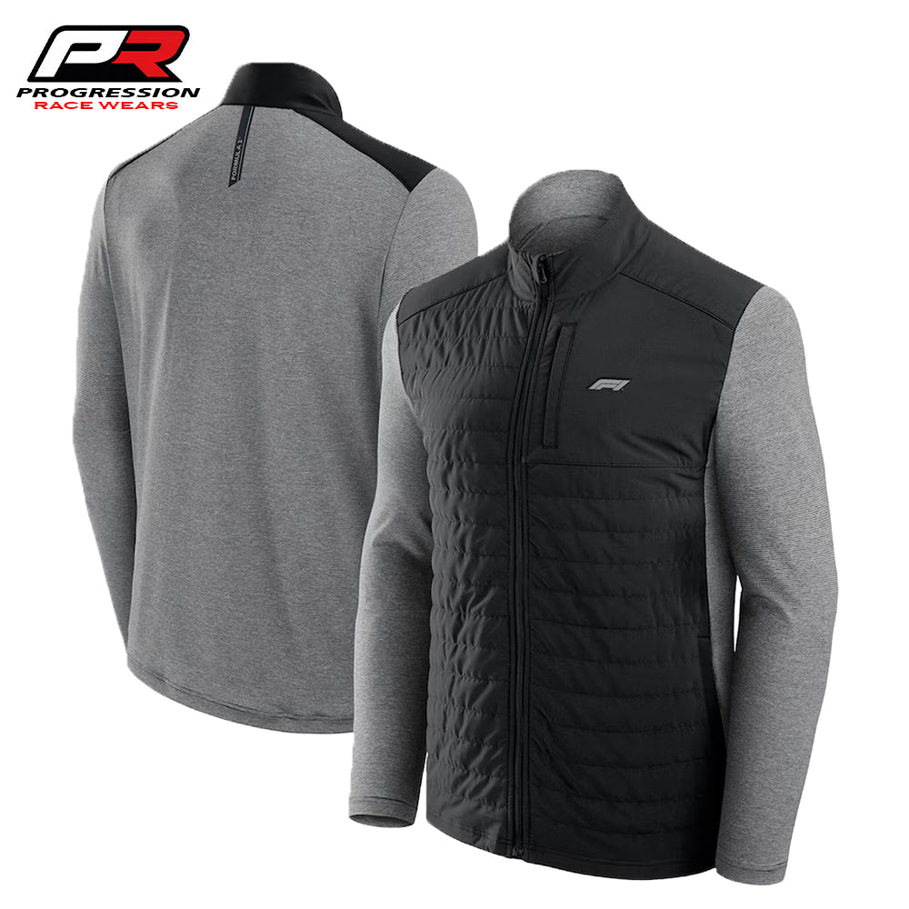 Black and gray jacket with Progression Race Wear logo on a white background