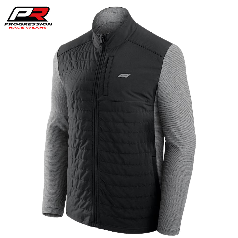 Black and gray quilted jacket with Progression Race Wears logo on a white background