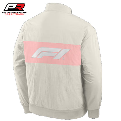 Light gray jacket with pink F1 logo on a white background, featuring Progression Race Wear branding.