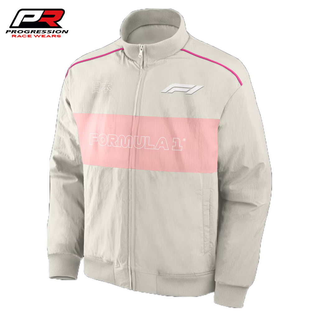 Gray jacket with pink stripe featuring Formula 1 logo on a white background