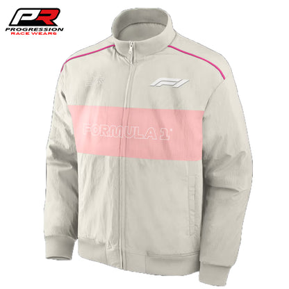 Gray jacket with pink stripe featuring Formula 1 logo on a white background