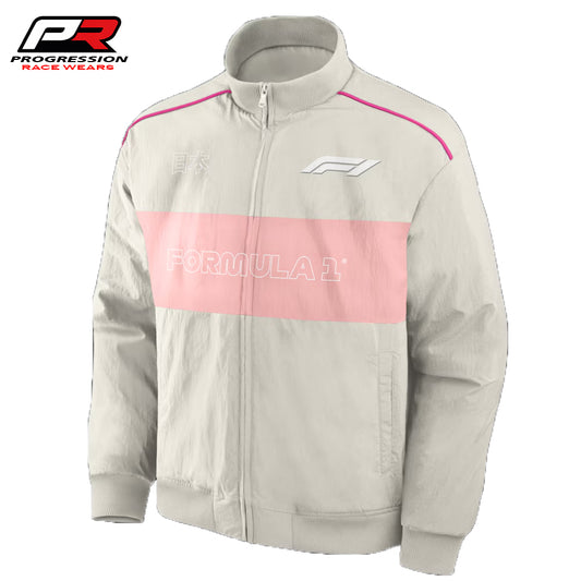 Gray jacket with pink stripe featuring Formula 1 logo on a white background