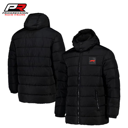 Black puffer jacket shown from front and back on a white background with Progression Race Wear logo.