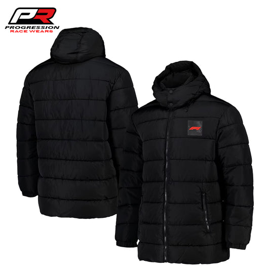 Black puffer jacket shown from front and back on a white background with Progression Race Wear logo.