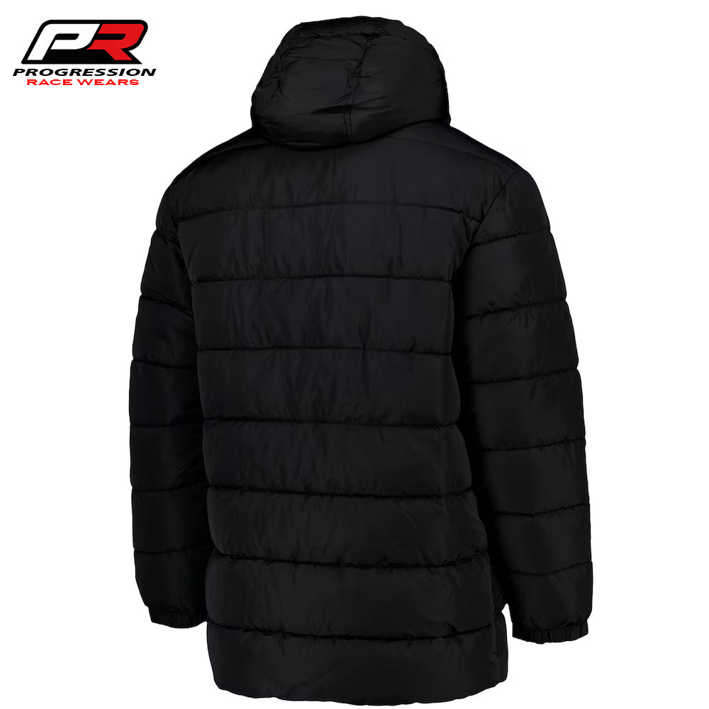 Black puffer jacket with a hood on a white background, featuring the Progression Race Wear logo.
