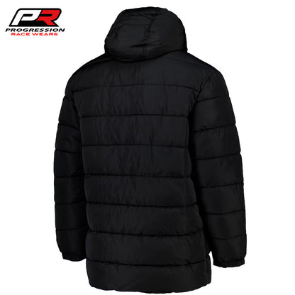 Black puffer jacket with a hood on a white background, featuring the Progression Race Wear logo.