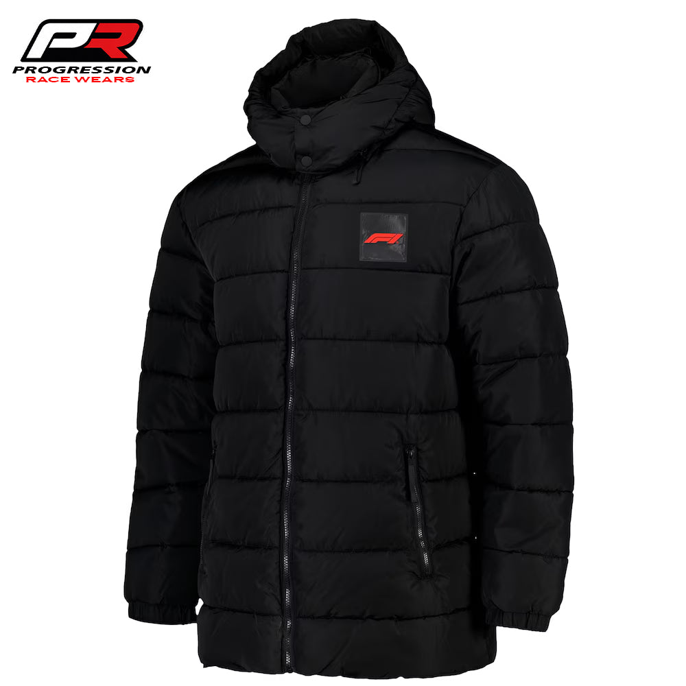 Black puffer jacket with a logo on a white background, featuring Progression Race Wear branding.