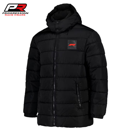 Black puffer jacket with a logo on a white background, featuring Progression Race Wear branding.