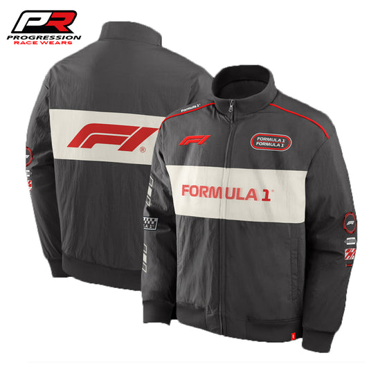 Gray racing jacket with Formula 1 branding on a white background