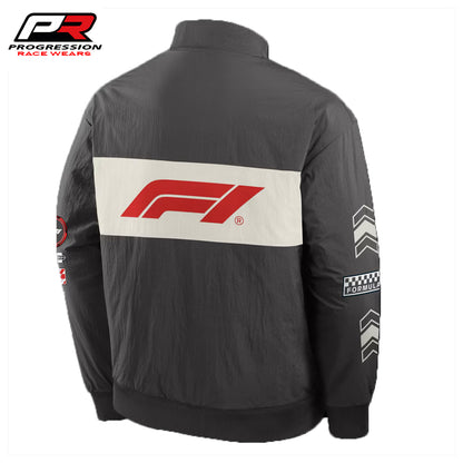 Black racing jacket with red and white logo on the back, featuring 'Progression Race Wear' branding.
