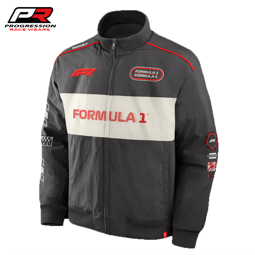 Gray racing jacket with Formula 1 branding on a white background