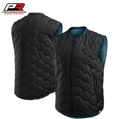 Black quilted vest withProgression Race Wear logo on a white background