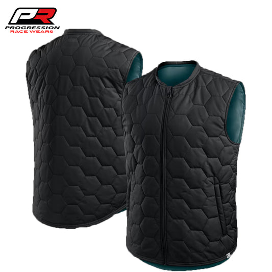 Black quilted vest withProgression Race Wear logo on a white background