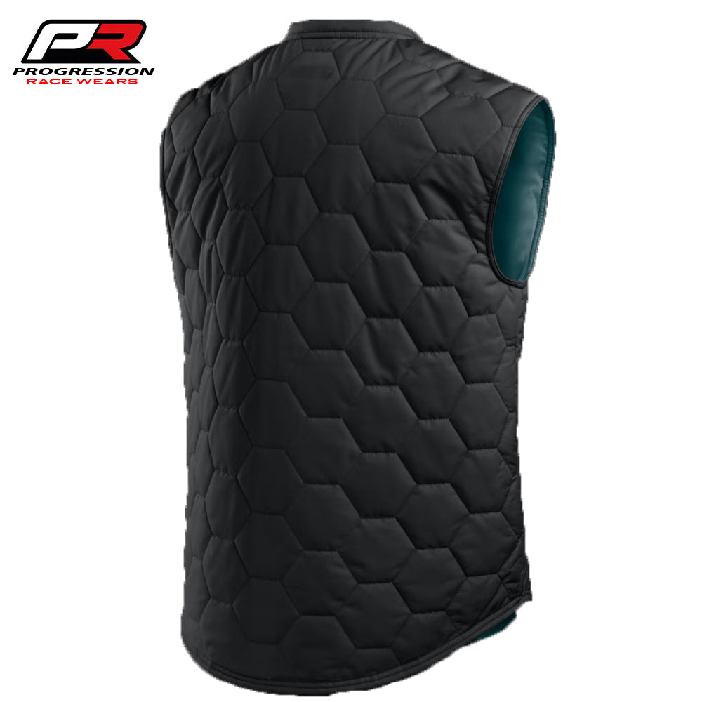 Black quilted vest with hexagonal pattern on a white background, featuring Progression Race Wears logo.
