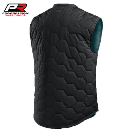 Black quilted vest with hexagonal pattern on a white background, featuring Progression Race Wears logo.
