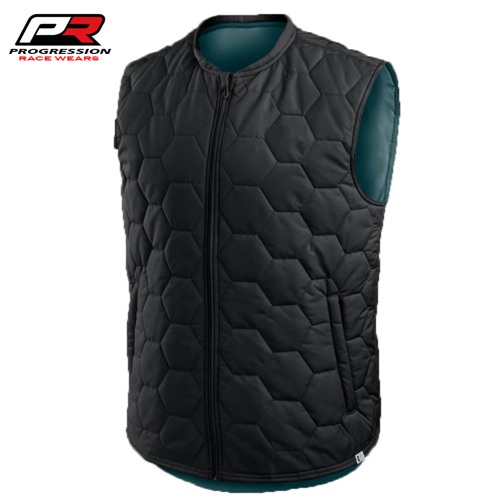 Black quilted vest with hexagonal pattern on a white background, featuring Progression Race Wear logo.