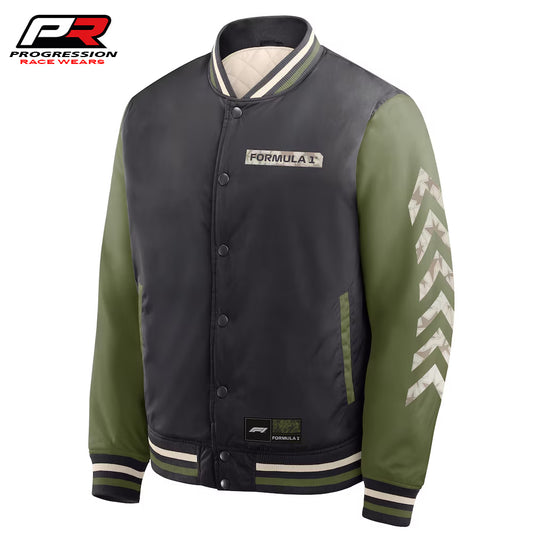 Black and green jacket with 'Formula 1' branding on a white background, featuring Progression Race Wear logo.